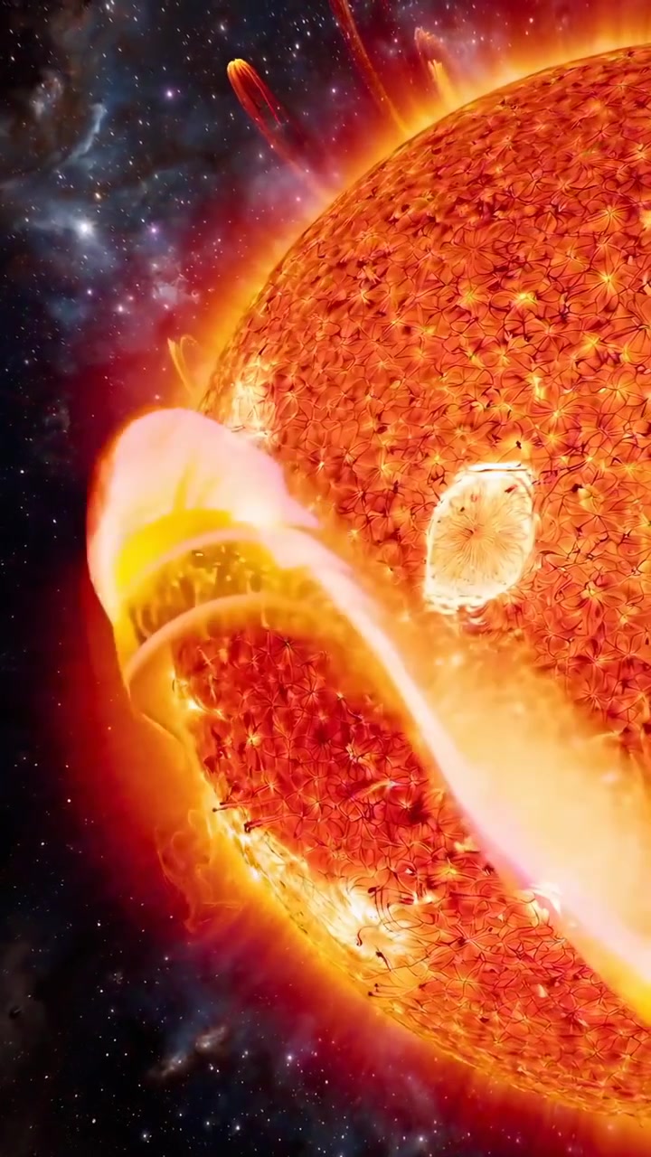 Glødende sol med aktive solutbrudd og kornet overflate i verdensrommet