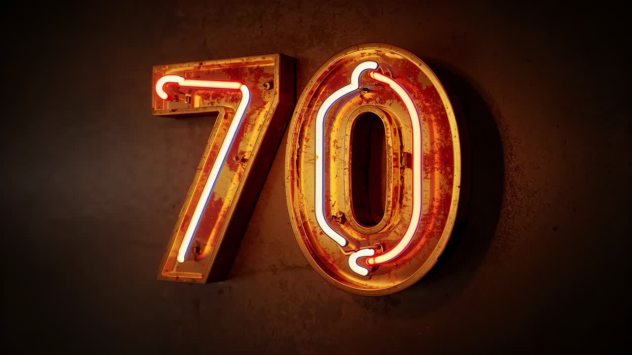 Recording vintage neon 70 sign brightening and casting warm glow on dark wall, with nested tubes
