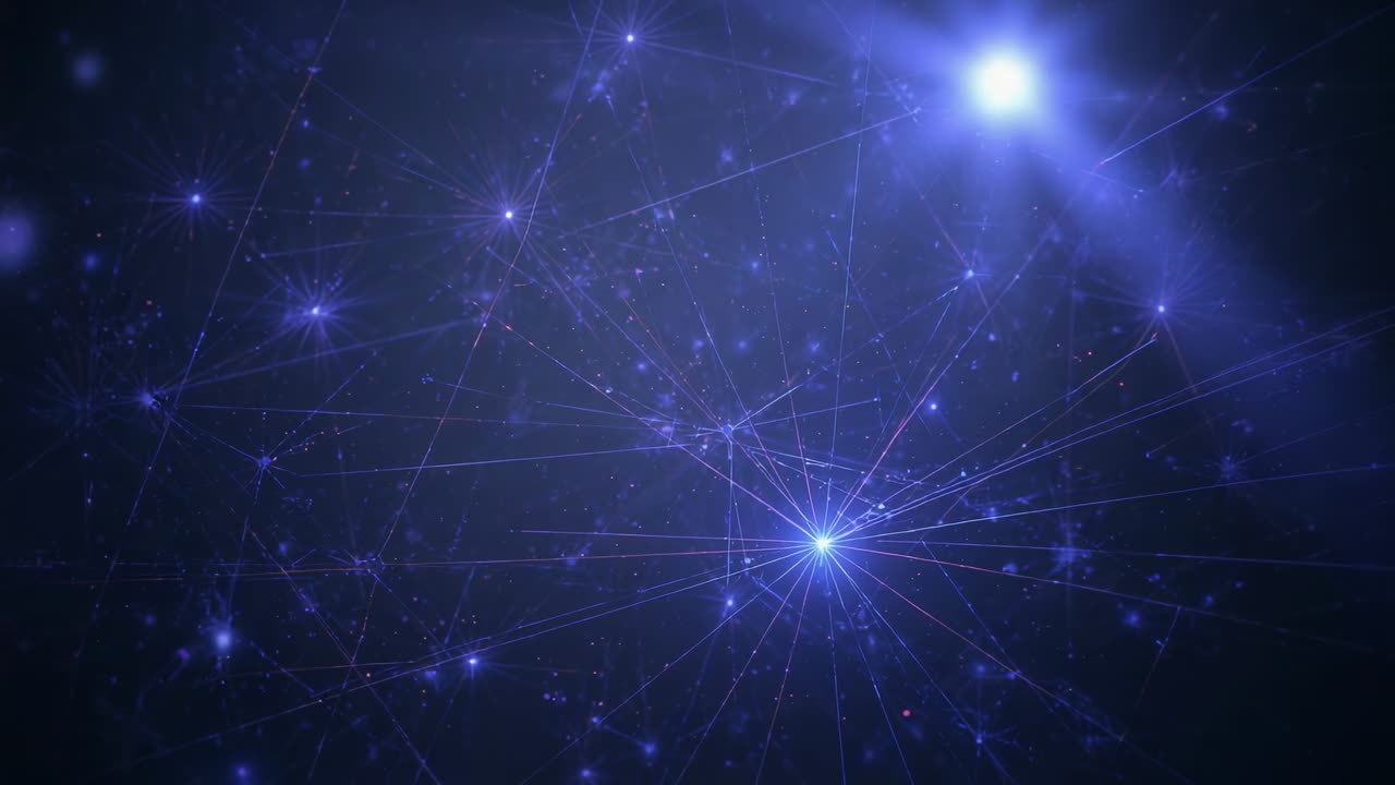 Pulsing central blue node sending data across deep blue network as upper-right flare intensifying