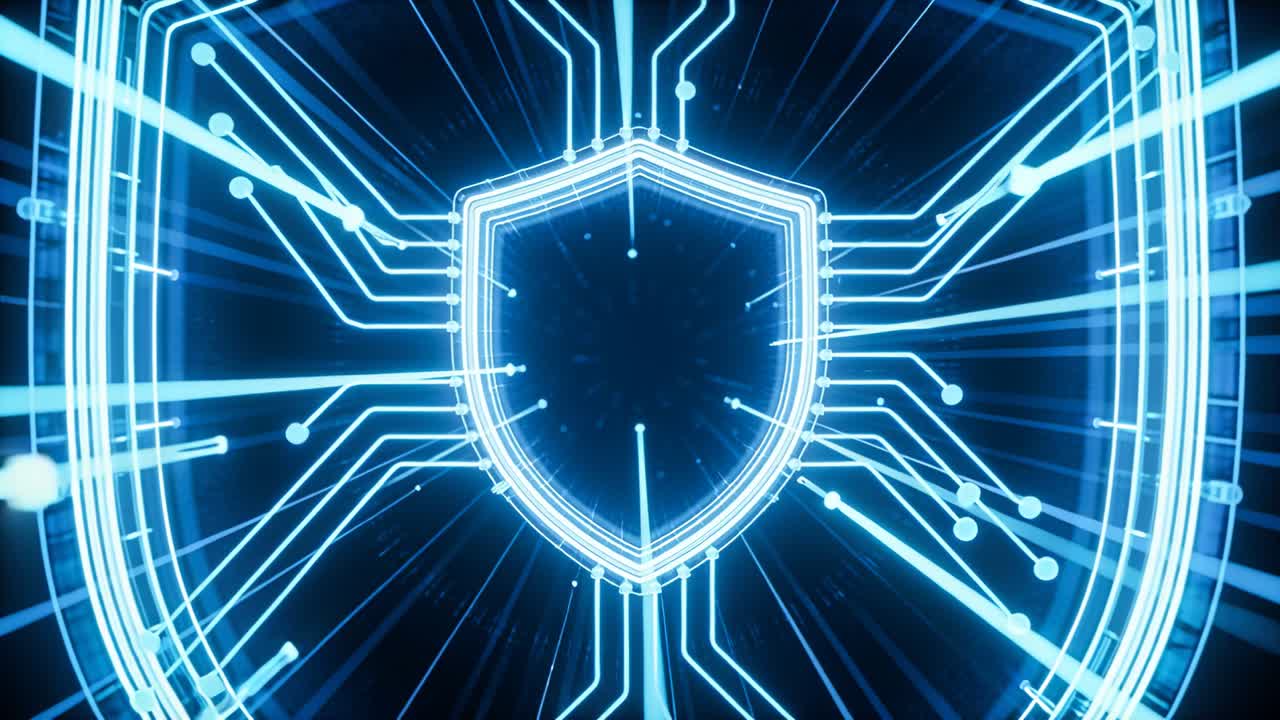 Shield emblem powering up on tech UI after threat, circuits lighting, nodes pulsing, securing app