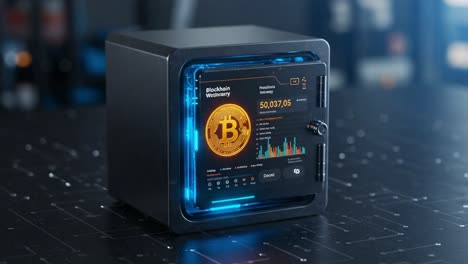 a modern cryptocurrency display unit showcasing real-time bitcoin data and market trends in a high-tech setting with futuristic design elements