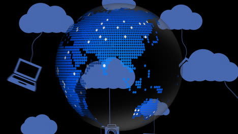 animation of network of digital icons and clouds over globe on black background
