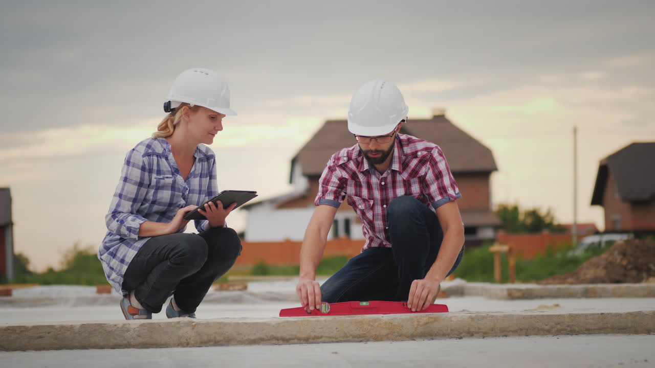los ingenieros verifican la precisión de la construcción de edificios usan el nivel y el video de la tableta 4k