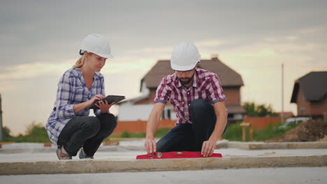 los ingenieros verifican la precisión de la construcción de edificios usan el nivel y el video de la tableta 4k
