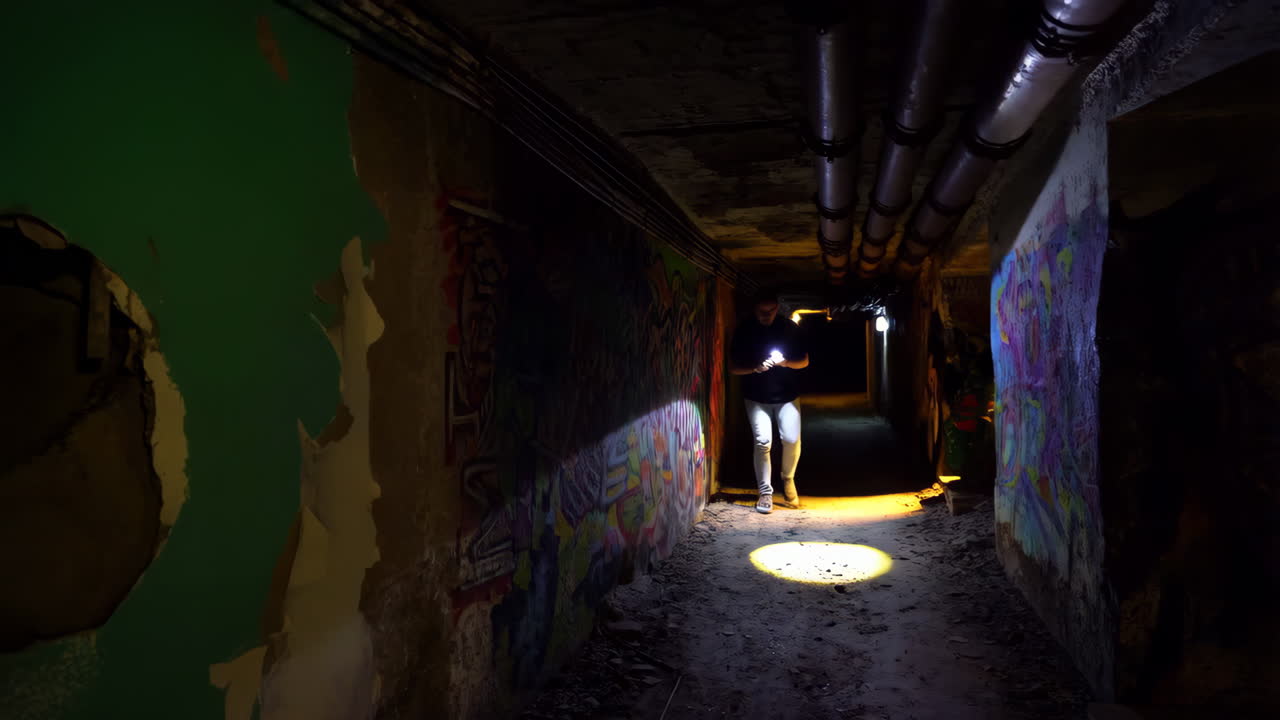 Exploring a Graffiti-Covered Underground Tunnel with a Flashlight