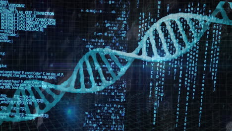 dna strand and binary coding, scientific data processing animation