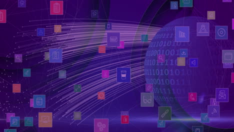 Animation of digital icons over globe with binary coding on purple background