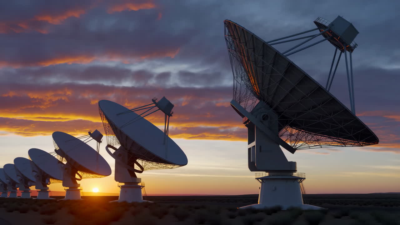 Radioteleskopanlæg ved solnedgang