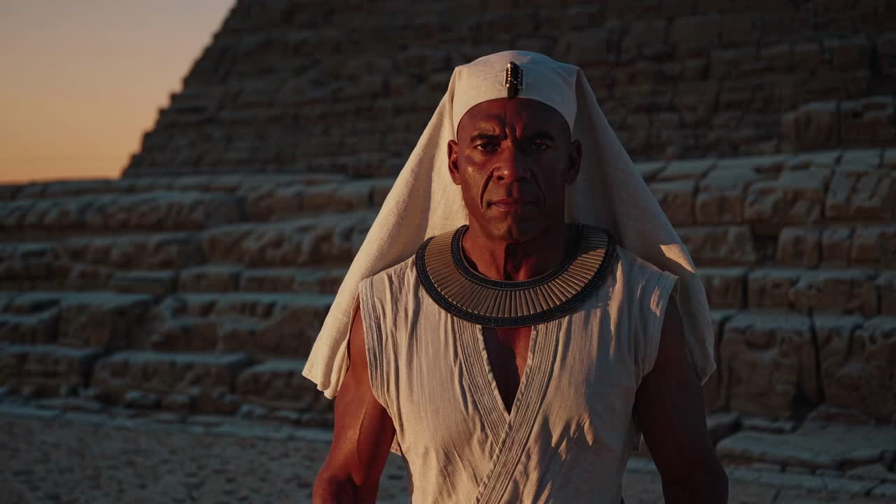 A historical video scene featuring a man in ancient attire, shot from a low angle against a pyramid