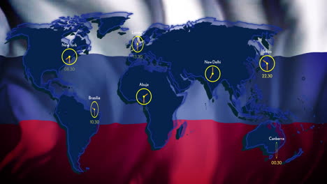 world map with clocks showing different time zones animation over russian flag