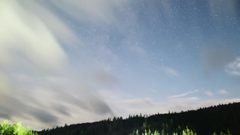 timelapse of clouds, milkyway and starry night sky over the dense forest