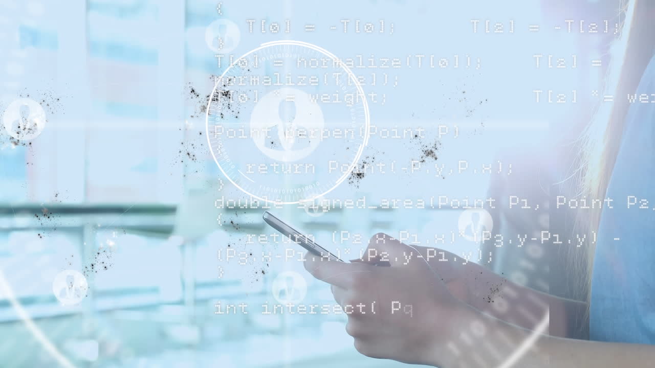 스마트 폰을 사용하는 백인 여성에 대한 데이터 처리 및 스의 애니메이션