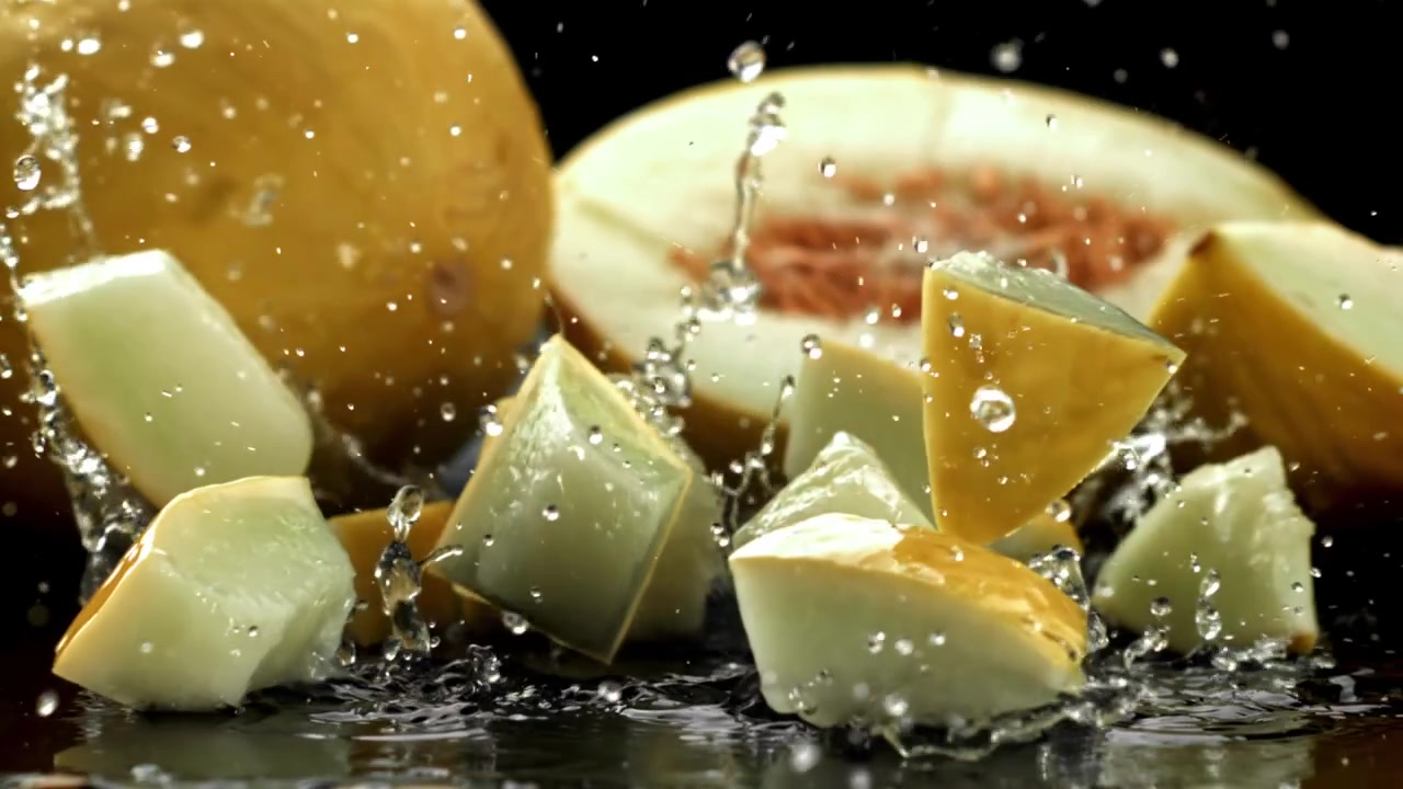 Fresh Melon Pieces Splashing into Water in Slow Motion
