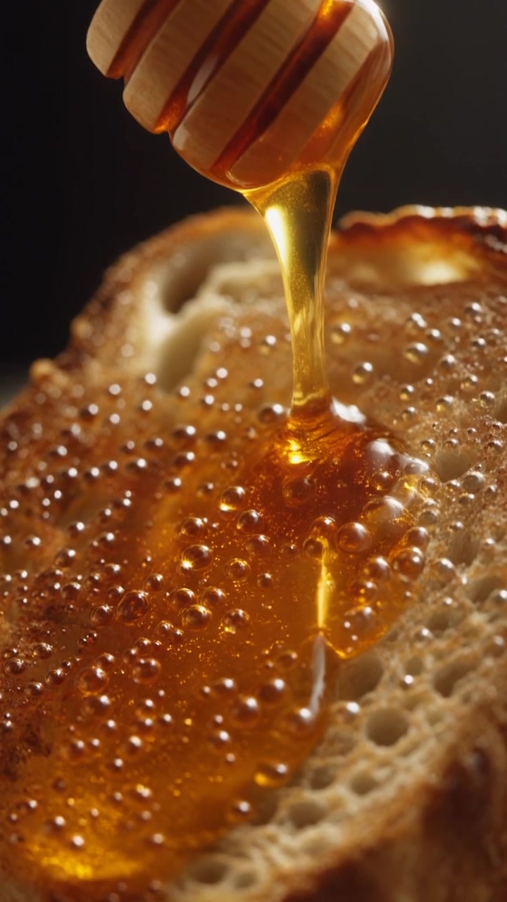 Miele d'oro che gocciola da un cucciolo di legno sul pane tostato