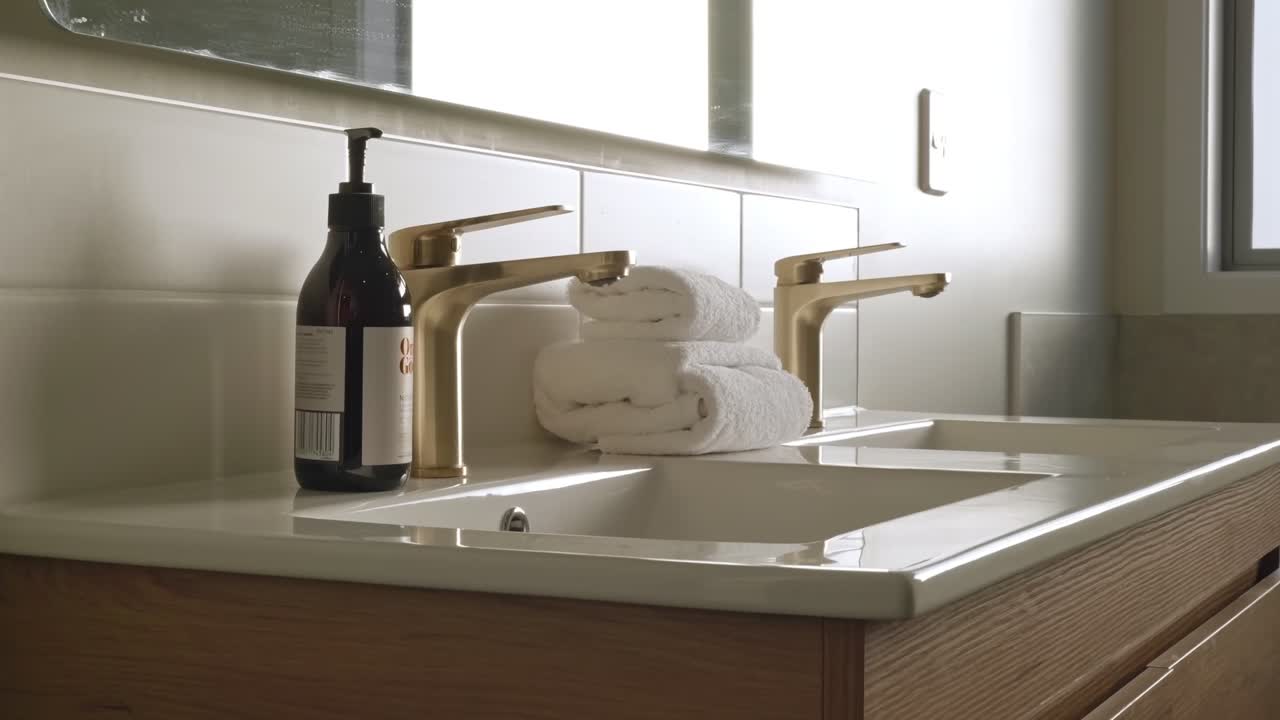 Slow ascending camera movement approaching double sink vanity with brass faucets, rolled white towels and soap dispenser in bright modern washroom
