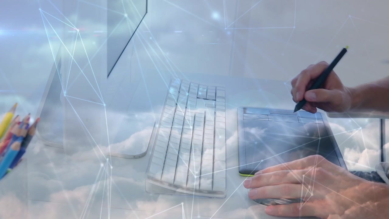 Animation of network of connections and light trails over businessman