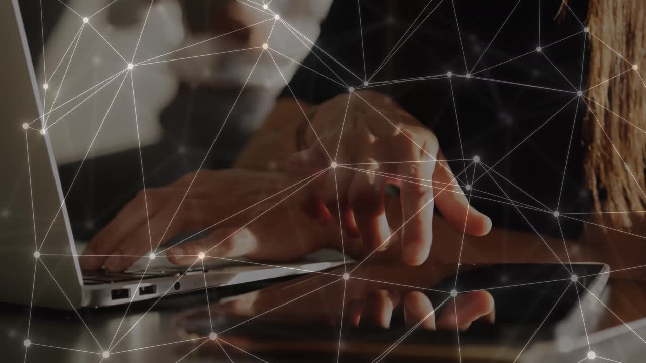Animation of data and network of connections over caucasian businesswoman using tablet
