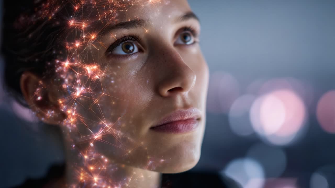 A close-up of a woman's face illuminated by a dazzling network of glowing lights, showcasing a captivating fusion of technology and human emotion