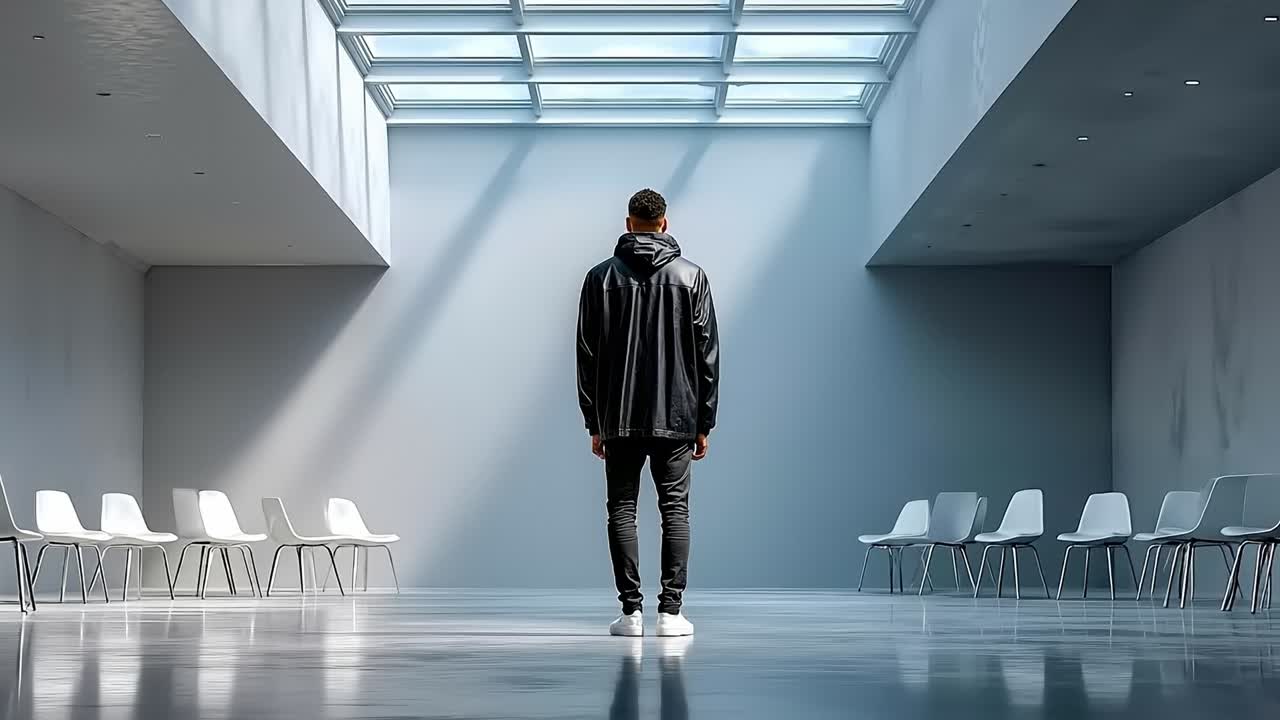 A man standing in a large room with white chairs