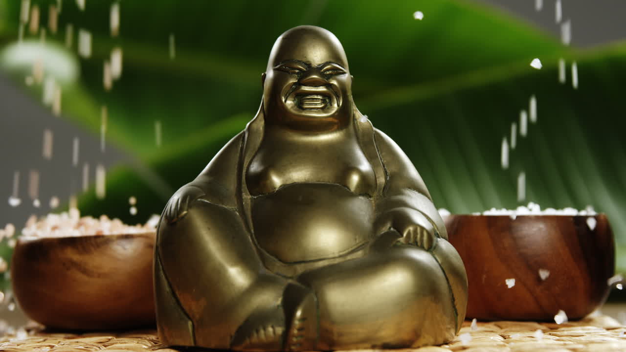 primer plano de la estatuilla de buda riendo con la perla que cae