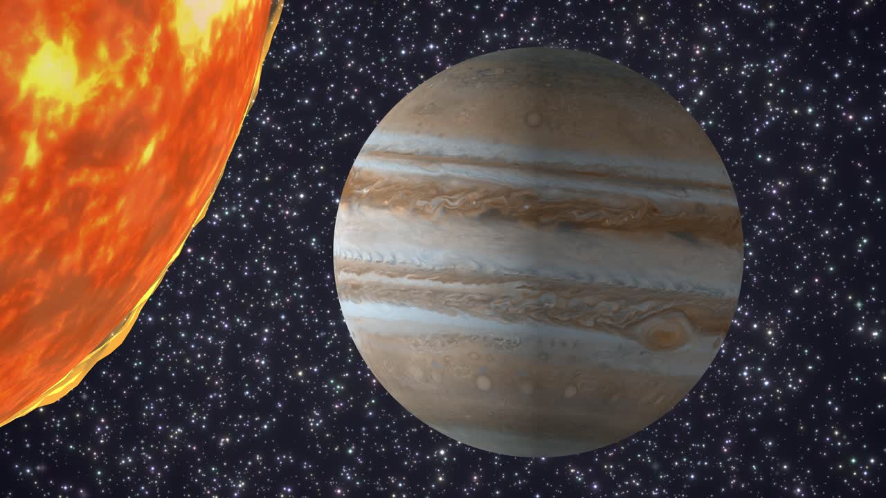 Realistic 3D animation of Jupiter rotating in space beside a glowing sun against stars