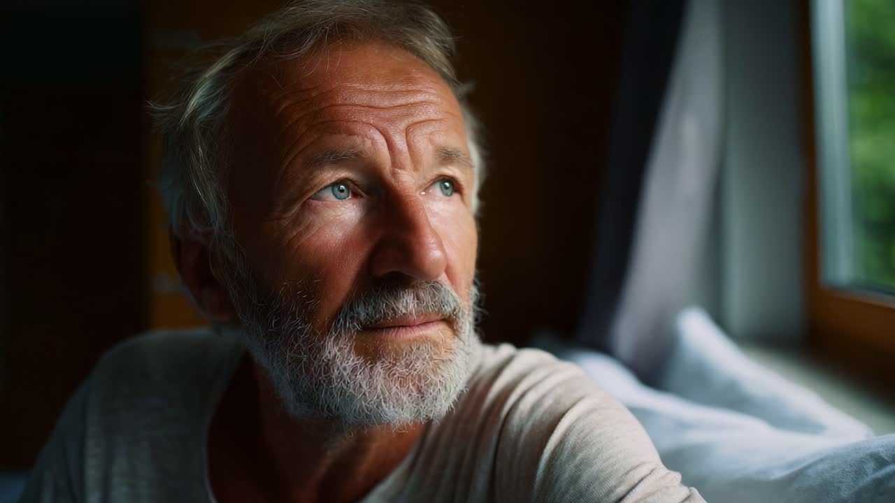 Un uomo anziano e pensieroso guarda fuori dalla finestra, riflettendo sulla vita e sui ricordi con un'espressione serena illuminata da una tenue luce naturale.
