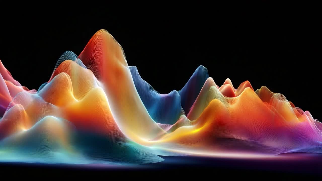 Vibrant Abstract Mountain Landscapes Created with Colorful Waves and Fluid Forms, Showcasing a Stunning Display of Light and Motion in a Digital Environment