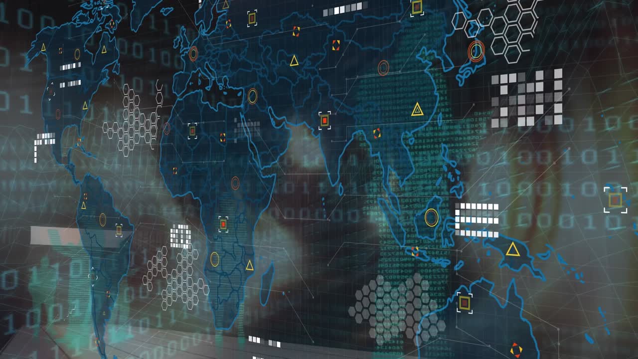 Animation of world map over data processing on black background