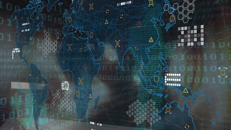 Animation of world map over data processing on black background