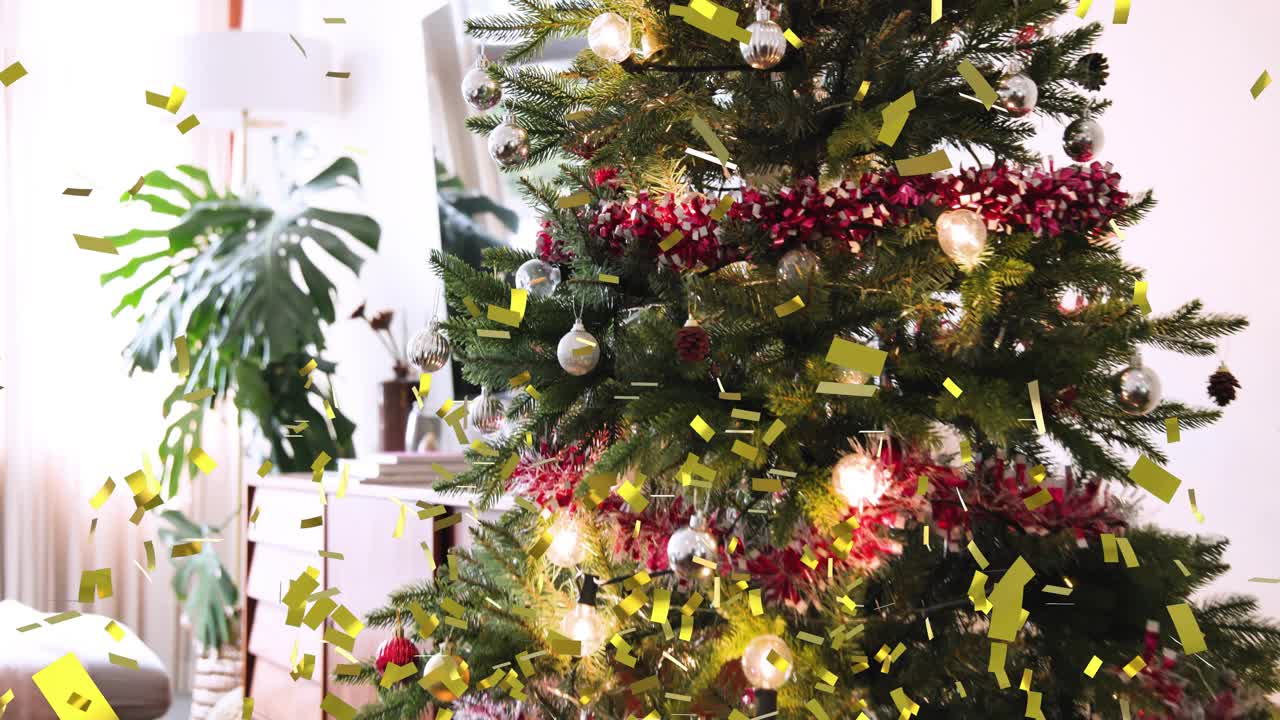 Gold confetti falling, camera moving closer, Christmas tree glowing and revealing ornaments