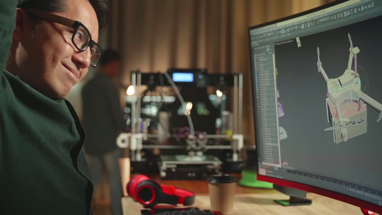 Close Up Of Asian Engineer Stretching While Work On Personal Computer And 3D Printer, Screen Shows Cad Software With 3D Prototype Of Drone Delivery