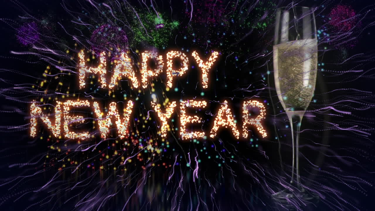 animación de texto brillante de feliz año nuevo, con fuegos artificiales de colores y vaso de champán, en negro