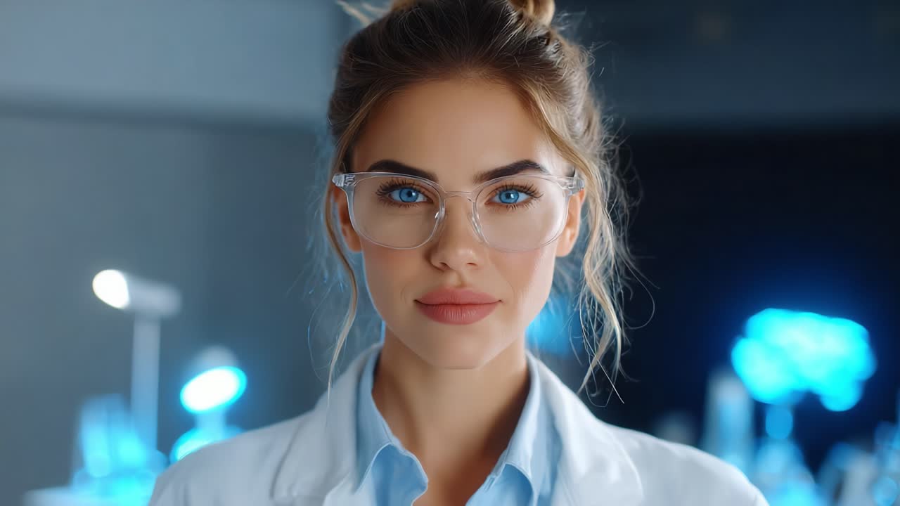 A confident scientist with stunning blue eyes and stylish glasses, exuding professionalism and intelligence in a modern laboratory environment, captured in two frames