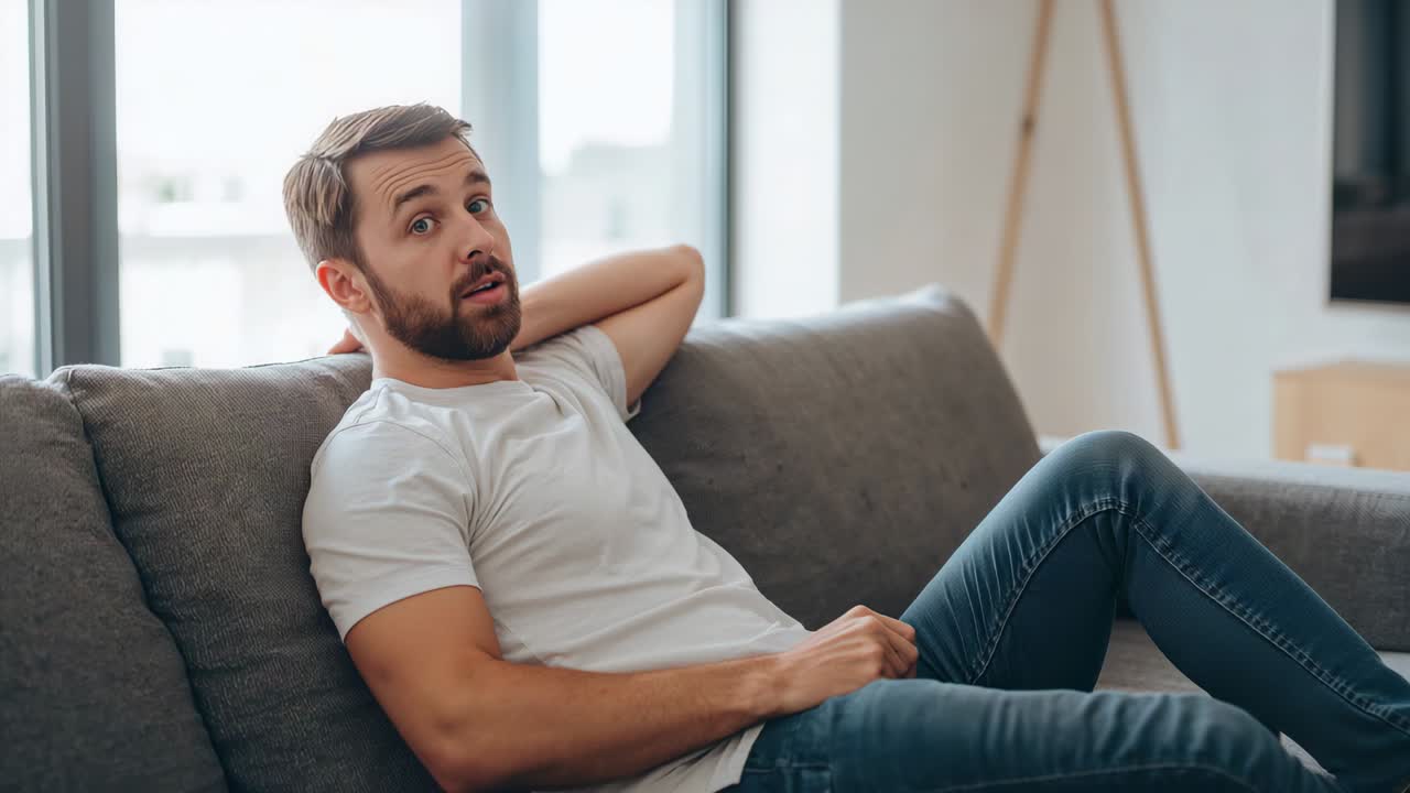 Hearing sound, man in T-shirt turning head from camera toward window in living room, with sofa