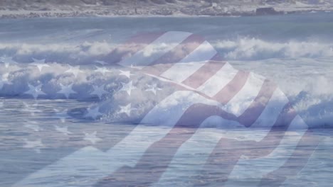 animación de la bandera de los estados unidos ondeando sobre el paisaje marino