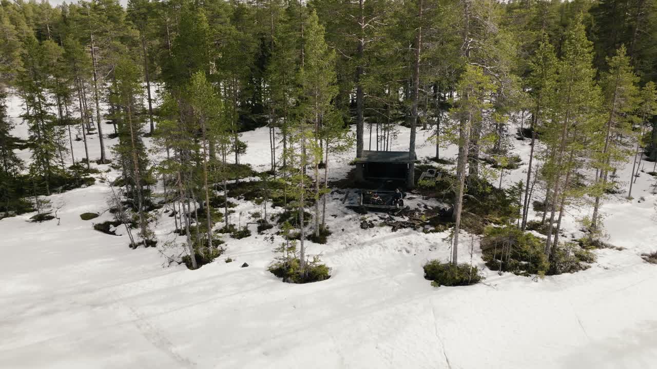 Drone orbit, windbreak, drone pilot, spring, snow, forest