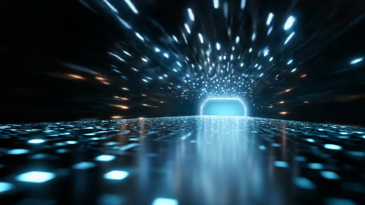 Ambiguous tunnel lights create a mesmerizing visual effect as they zoom through a high-speed passage, illuminated by stunning blue and white lights that captivate the viewer's imagination and explore futuristic themes