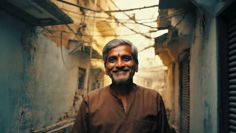 mature indian worker smiling in a narrow alley of a poor urban area, wearing a brown shirt and radiating positivity amidst the surrounding challenges of everyday life