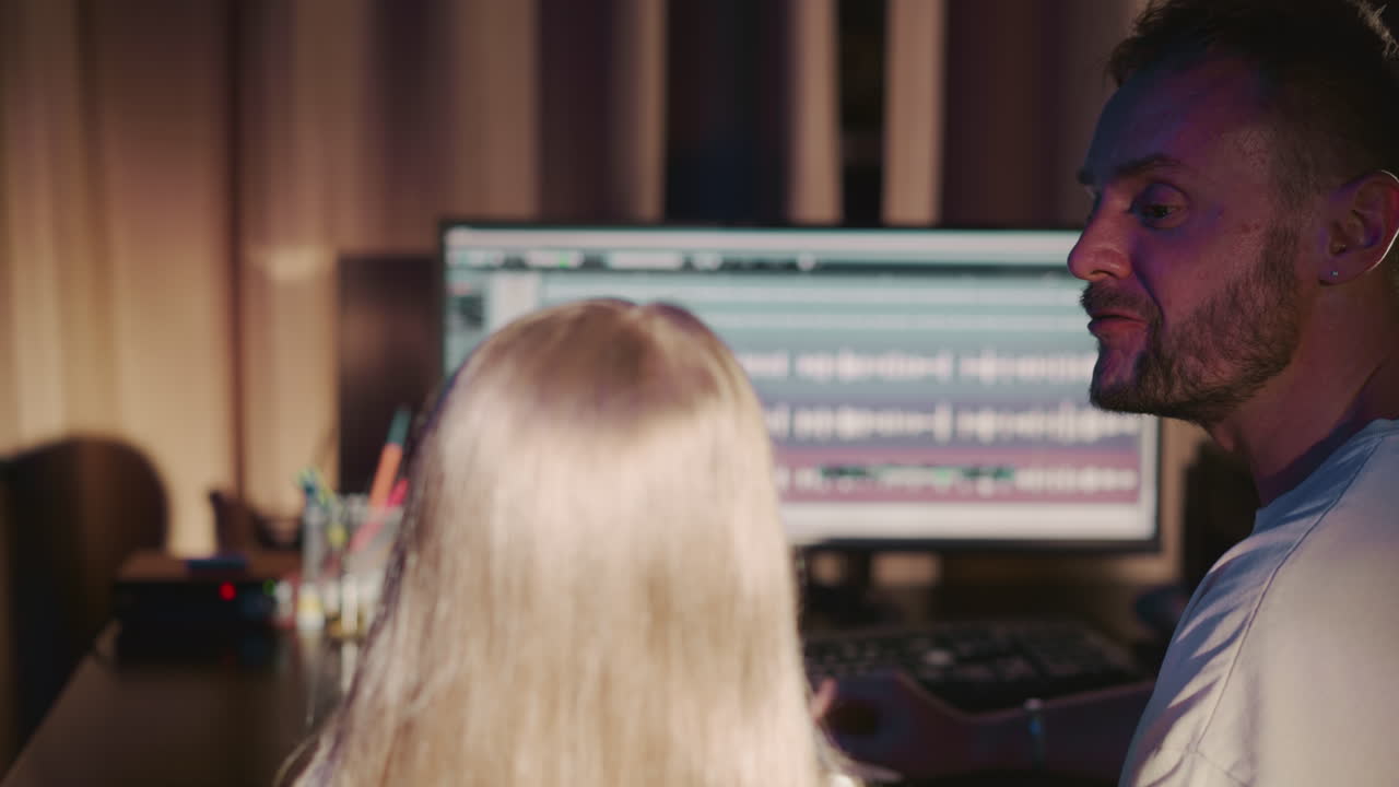 niño con instructor en estudio de grabación de primer plano. hombre muestra gráficos de grabación en la pantalla de la computadora a la niña en la sesión vocal. desarrollo musical del niño