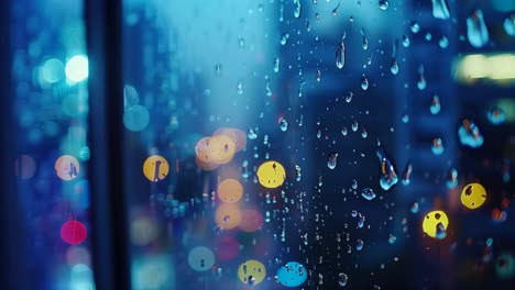 rainy night city view through a window
