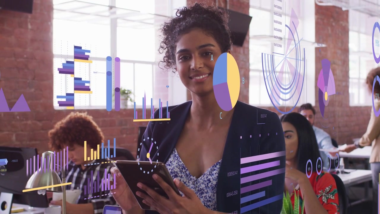 Woman using tablet and tapping, animating charts by gestures and editing business report for review