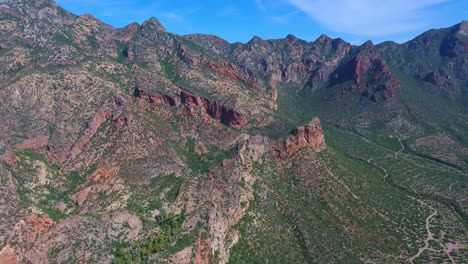 Rising-Aerial-View-of-Dramatic-Desert-Mountain-Landscape-with-Green-Valley-Below