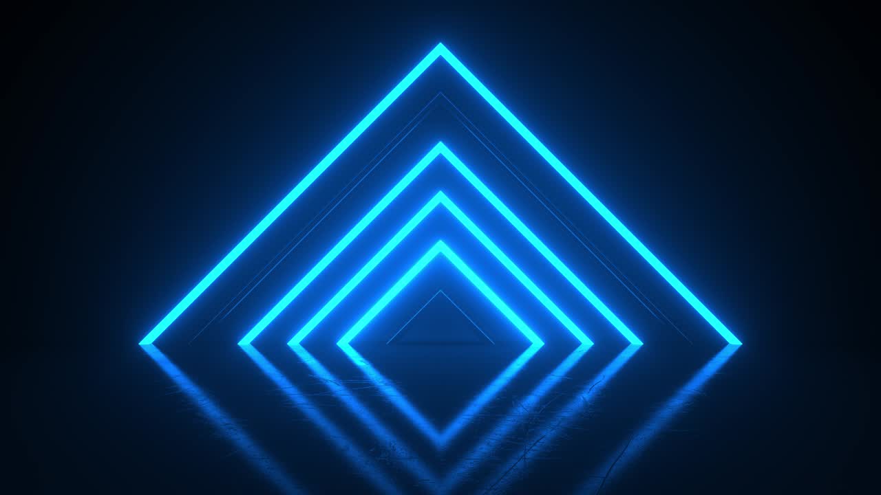 Piramide composta da strisce luminose al neon blu su sfondo nero. Linee luminose in uno spazio scuro. Lampeggio ritmico, concetto VJ. Loop di animazione 3D 4K.