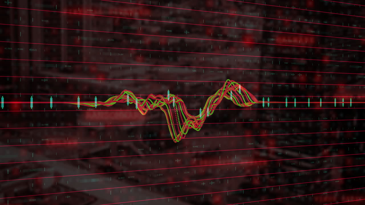 Colorful waveform animation over red and black digital grid background