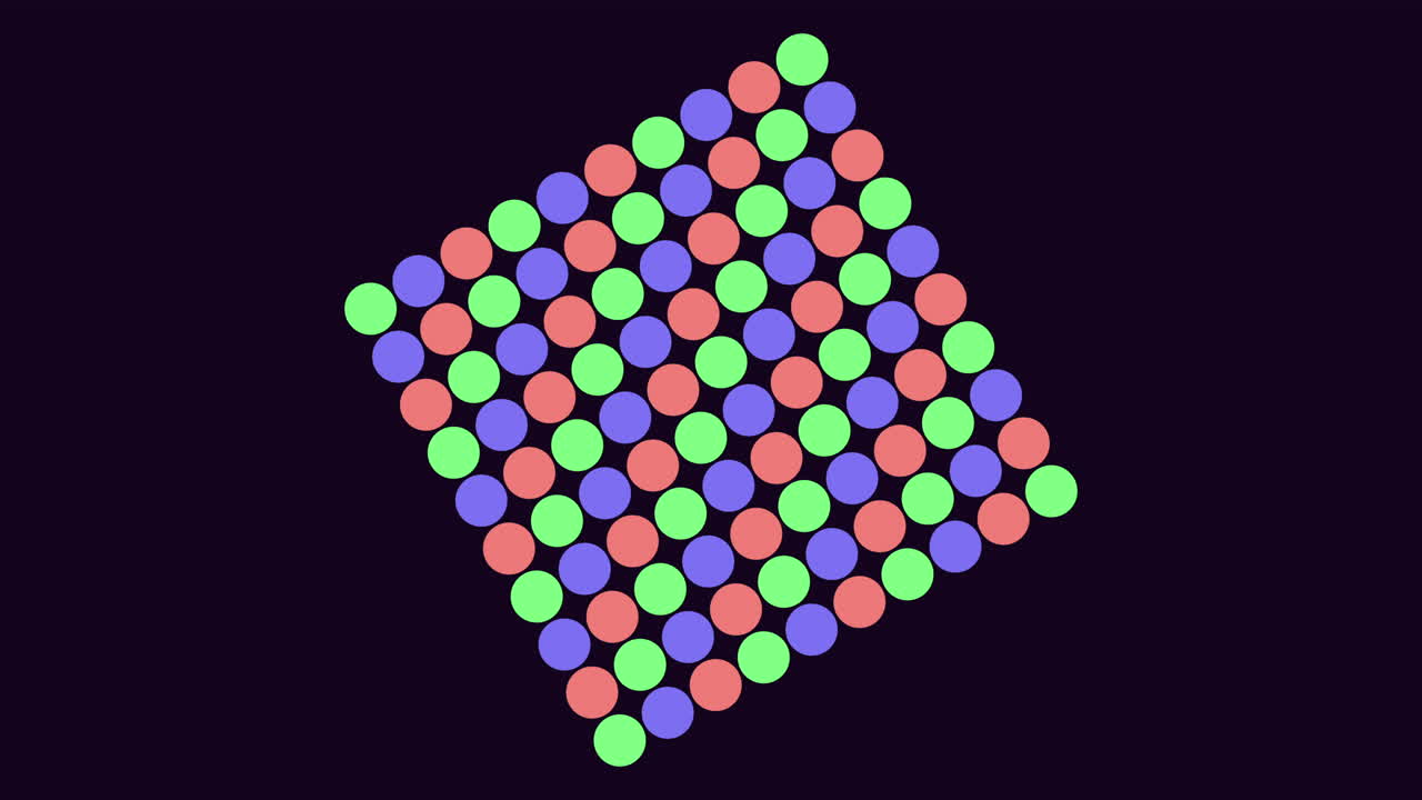 Filmato astratto senza soluzione di continuità di cerchi pastello rotanti disposti in una griglia geometrica su uno sfondo scuro, ideale come sfondo animato moderno per presentazioni, video e progetti digitali