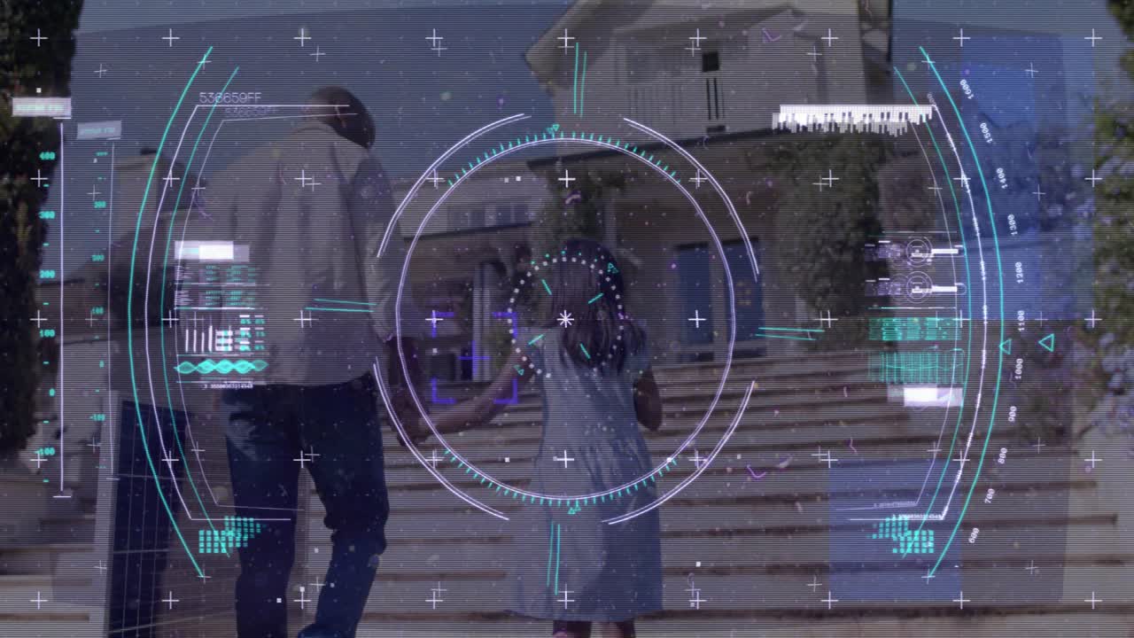 Man holding child's hand walking stairs, on-step HUD forming rings and scans guiding to home tech