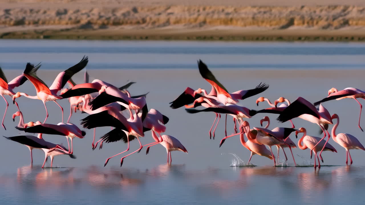 Flamingos Taking Flight from a Shallow Lake