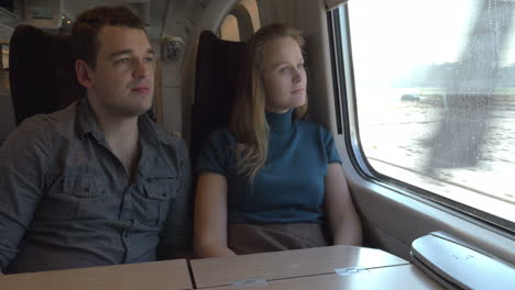 two passengers looking out the train window