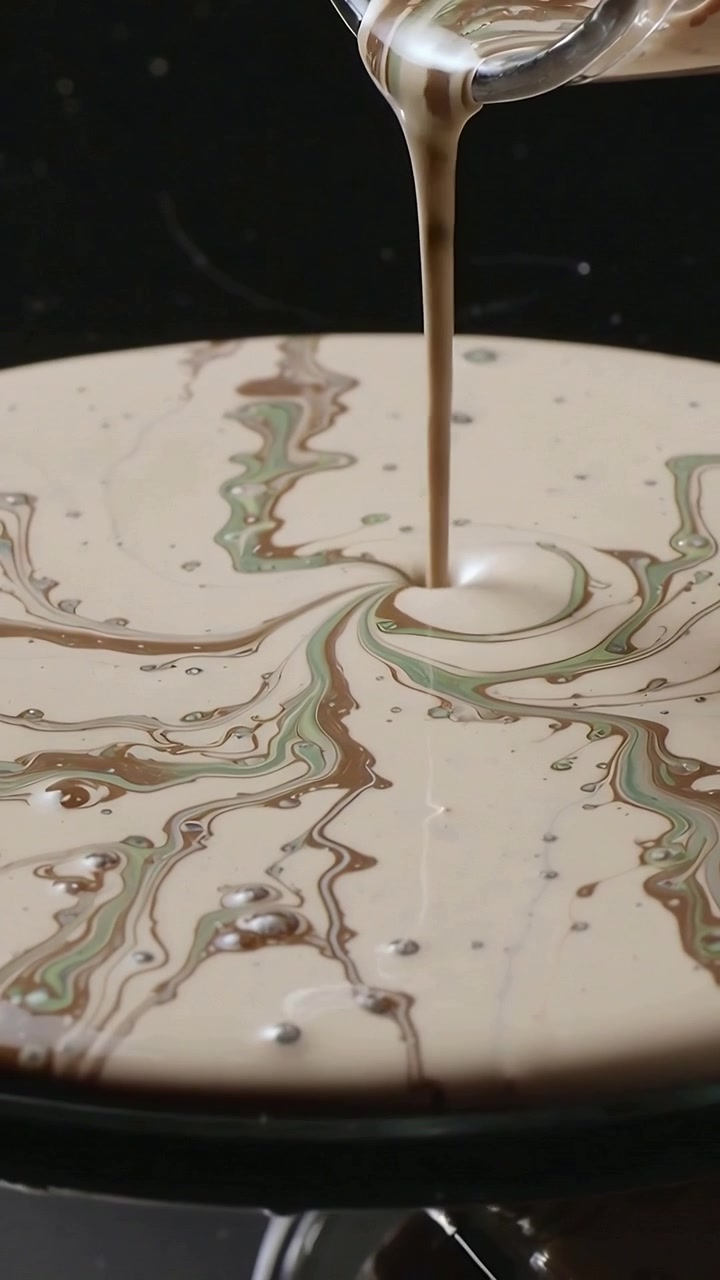 Vertical video: Pouring batter from measuring pitcher into pan on counter, making marbling for cake