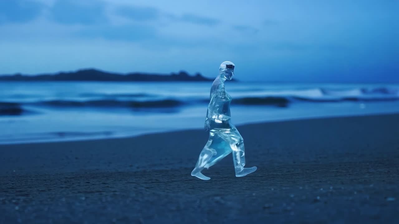 해가 지는 해변에서 걸어가는 유리 사람이